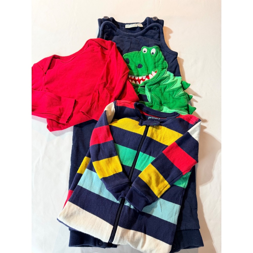 Primary JoJo Maman Bebe Baby Lot 9-12M Organic Cotton Dinosaur Stripe Red Navy
